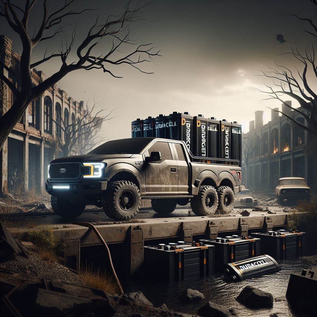 an electric truck with extra batteries in the back